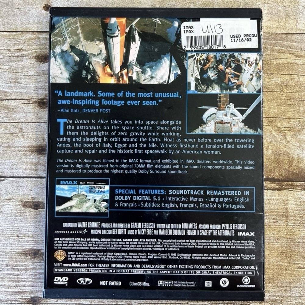 IMAX The Dream Is Alive DVD Space Shuttle Documentary Walter Cronkite NASA 2001 - Picture 2 of 4